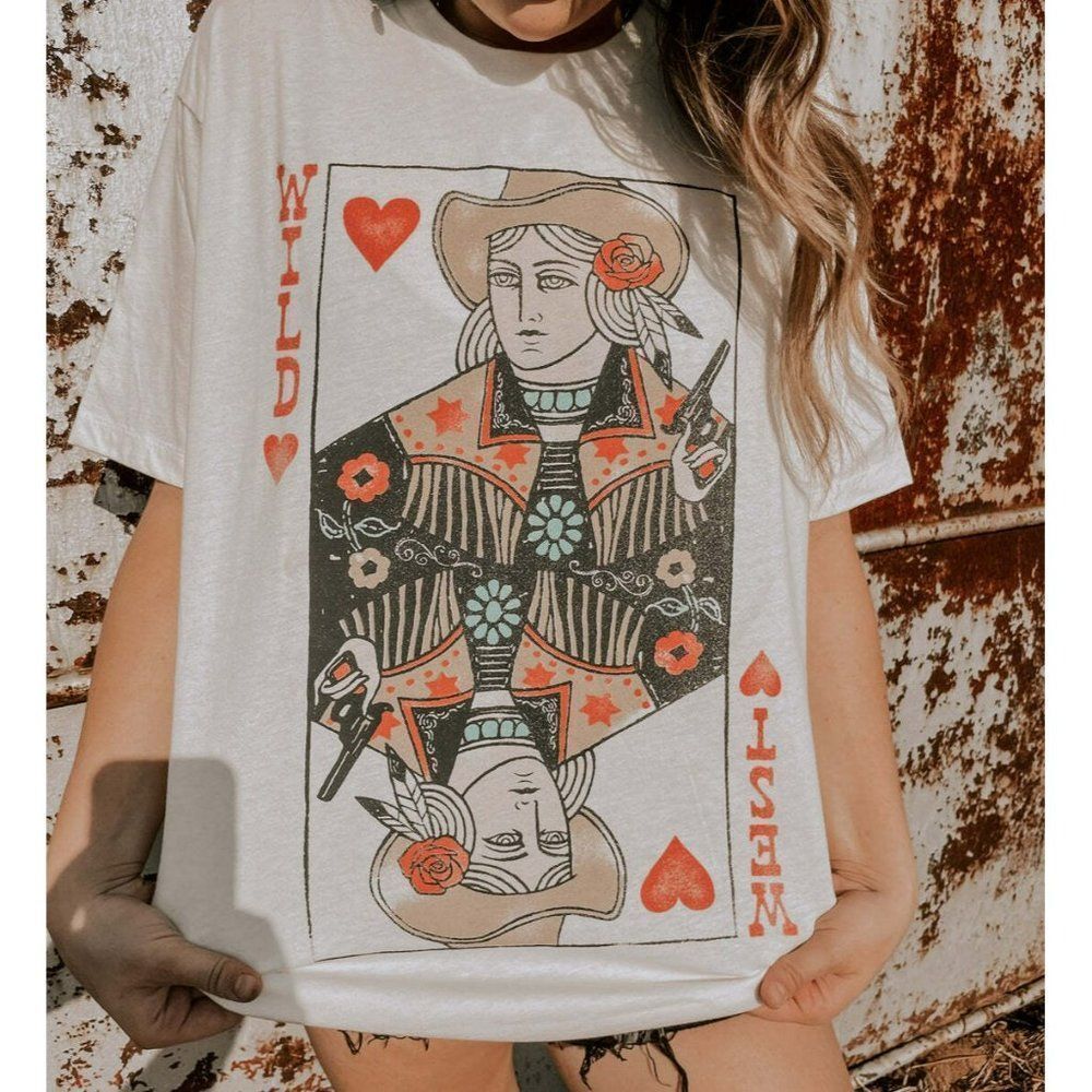 Wild Card Queen of Hearts Graphic Tee Boho Western Country Vintage White